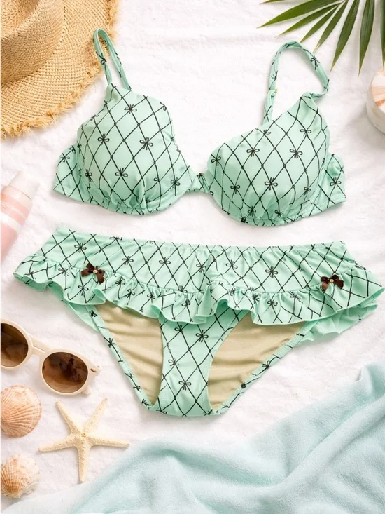 Betsey Johnson Mint Green Floral Grid Ruffle With Bows Bikini Set Lg - Picture 2 of 10